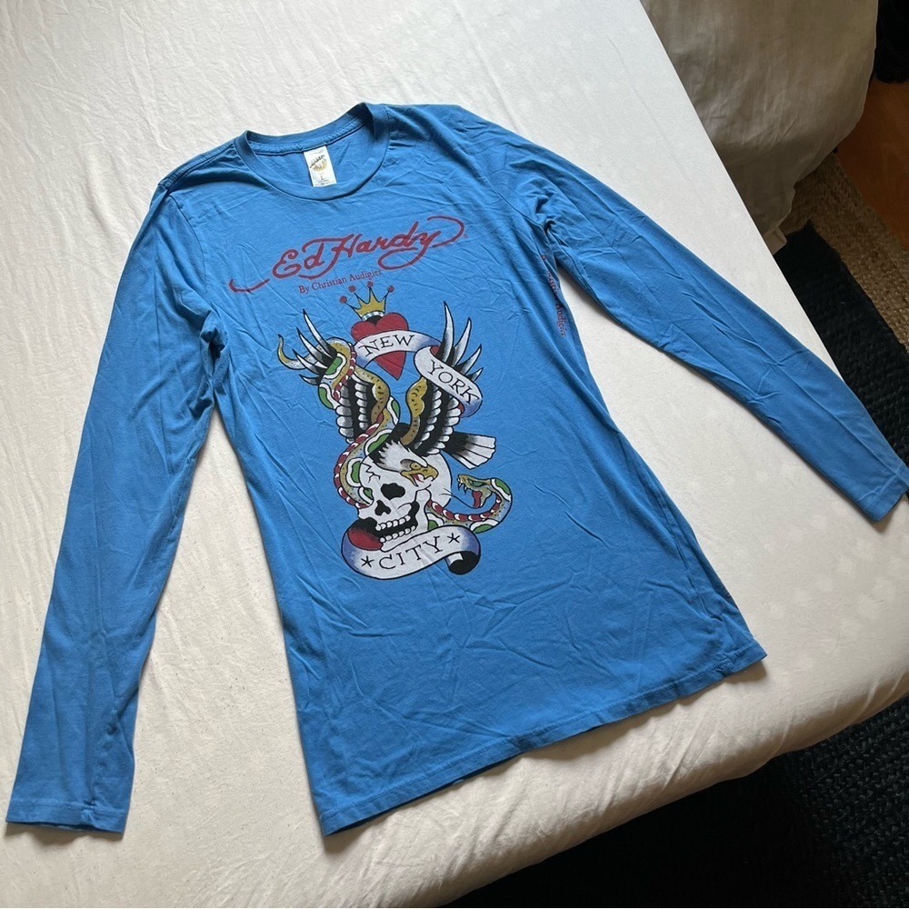 Ed Hardy skull logo heart print long sleeve knit T-shirt